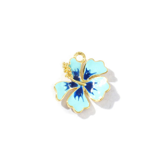 Imagen de 2 Unidades Latón Colección Flora Colgantes Chapado en Oro de 18K Azul Claro Esmalte Flor 16mm x 15mm