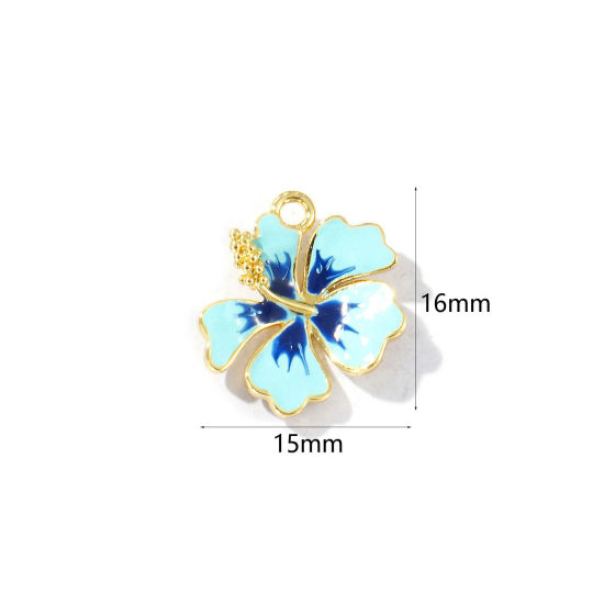 Imagen de 2 Unidades Latón Colección Flora Colgantes Chapado en Oro de 18K Azul Claro Esmalte Flor 16mm x 15mm
