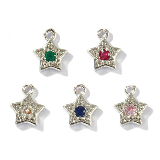 Bild von 5 Stück Messing Galaxis Charms Platin Plattiert Pentagramm Stern Mix Farben Strassstein 8mm x 6mm