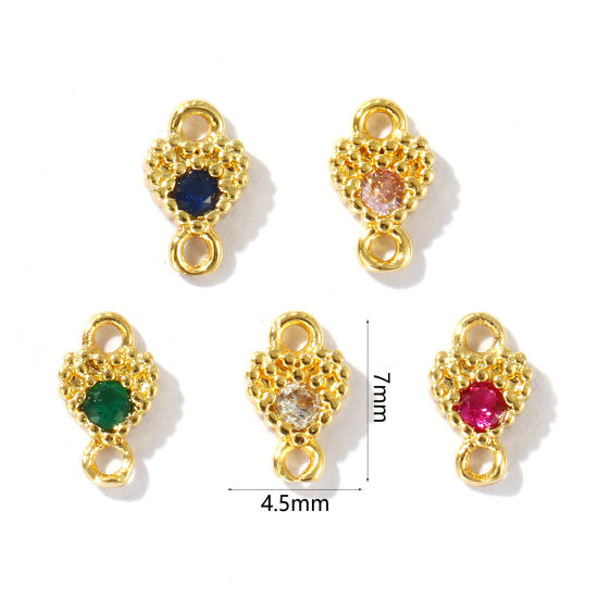 Bild von 5 Stück Messing Valentinstag Steckverbinder Charms Anhänger 18K Vergoldet Herz Mix Farben Strassstein 7mm x 4.5mm