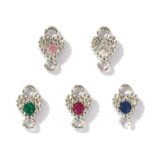 Bild von 5 Stück Messing Valentinstag Steckverbinder Charms Anhänger Platin Plattiert Herz Mix Farben Strassstein 7mm x 4.5mm