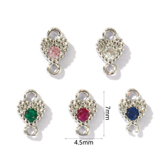Bild von 5 Stück Messing Valentinstag Steckverbinder Charms Anhänger Platin Plattiert Herz Mix Farben Strassstein 7mm x 4.5mm