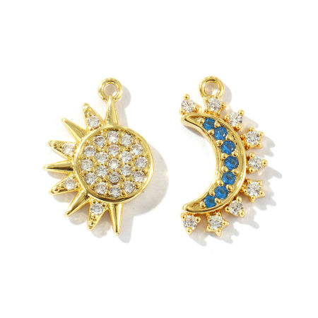 Immagine di 1 Serie ( 2 Pz/Serie) Ottone Galassia Ciondoli Placcato Oro 18K Sole & Luna Micro Spianare Blu Cubic Zirconiae 20x11mm 19.5x13.5mm