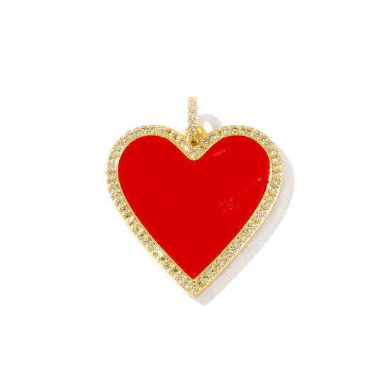 Bild von 1 Stück Messing Valentinstag Anhänger 18K Vergoldet Rot Emaille Herz Micro Pave Klar Kubischer Zirkon 3.7cm x 3cm