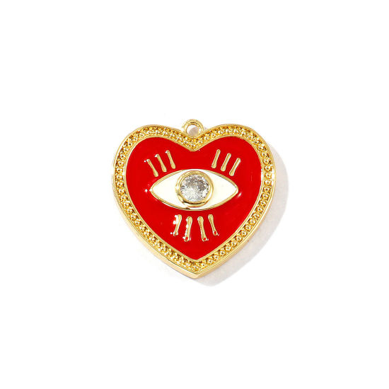 Bild von 1 Stück Messing Religiös Charms 18K Vergoldet Rot Emaille Herz Auge der Vorsehung/ Allsehendes Auge Klar Kubischer Zirkon 25mm x 25mm