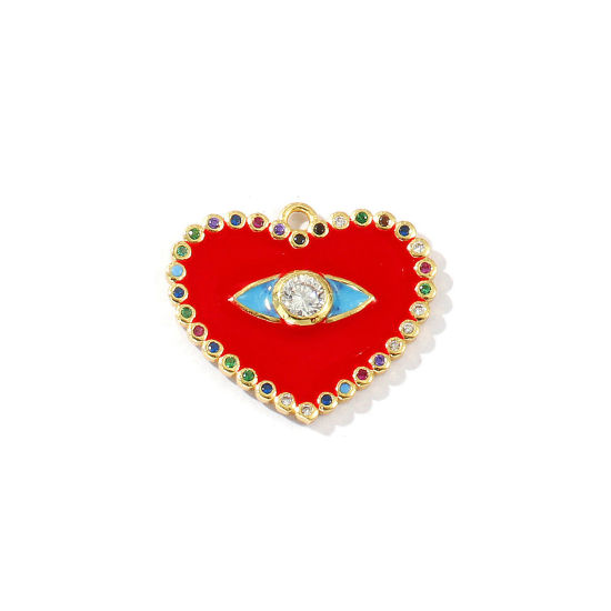 Bild von 1 Stück Messing Religiös Charms 18K Vergoldet Rot Emaille Herz Böser Blick Evil Eye Micro Pave Bunt Kubischer Zirkon 25mm x 21mm