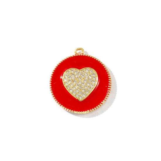 Bild von 1 Stück Messing Valentinstag Charms 18K Vergoldet Rot Emaille Rund Scheibe Herz Micro Pave Klar Kubischer Zirkon 28mm x 25mm