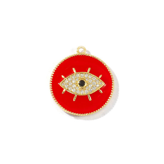 Bild von 1 Stück Messing Religiös Charms 18K Vergoldet Rot Emaille Rund Scheibe Auge der Vorsehung/ Allsehendes Auge Micro Pave Schwarz Kubischer Zirkon 28mm x 25mm