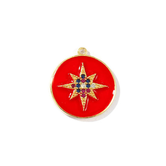 Bild von 1 Stück Messing Galaxis Charms 18K Vergoldet Rot Emaille Rund Scheibe Stern Micro Pave Bunt Kubischer Zirkon 28mm x 25mm