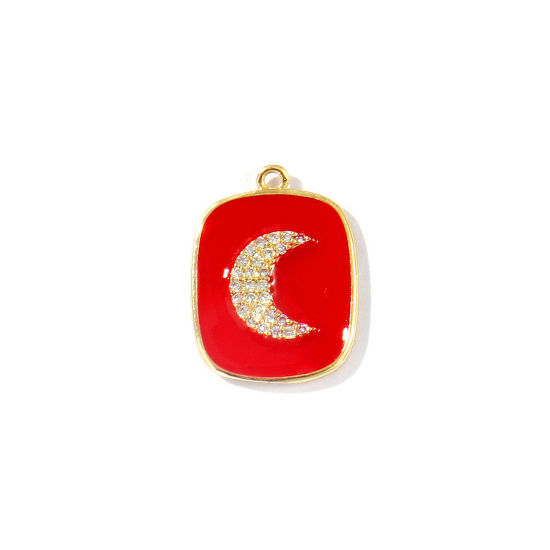 Bild von 1 Stück Messing Galaxis Charms 18K Vergoldet Rot Emaille Rechteck Mond Micro Pave Klar Kubischer Zirkon 21.5mm x 16mm