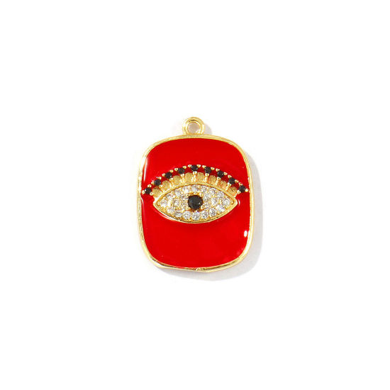 Bild von 1 Stück Messing Charms 18K Vergoldet Rot Emaille Rechteck Auge Micro Pave Schwarz Kubischer Zirkon 21.5mm x 16mm