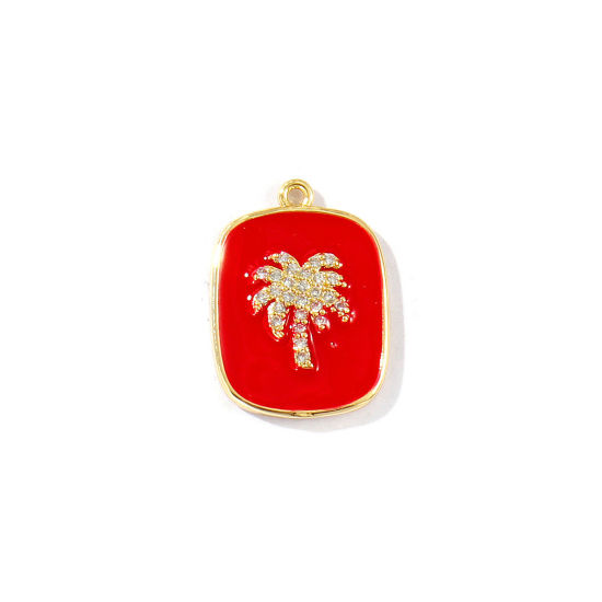 Bild von 1 Stück Messing Flora Kollektion Charms 18K Vergoldet Rot Emaille Rechteck Kokospalme Micro Pave Klar Kubischer Zirkon 21.5mm x 16mm