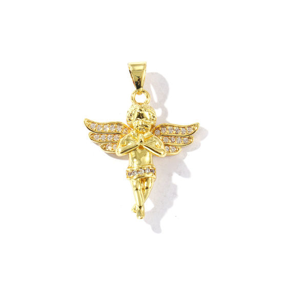 Bild von 1 Stück Messing Religiös Anhänger 18K Vergoldet Engel 3D Klar Kubischer Zirkon 3.3cm x 2.4cm