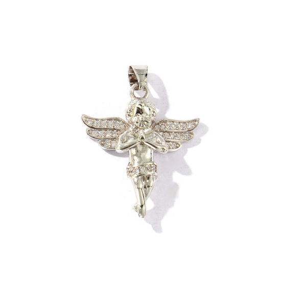 Bild von 1 Stück Messing Religiös Anhänger Platin Plattiert Engel 3D Klar Kubischer Zirkon 3.3cm x 2.4cm