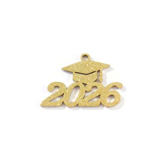 Bild von 5 Stück Umweltfreundliche PVD-Vakuumbeschichtung 304 Edelstahl College Schmuck Charms 18K Vergoldet Doktorhut Message " 2026 " Sternenstaub 26mm x 18mm