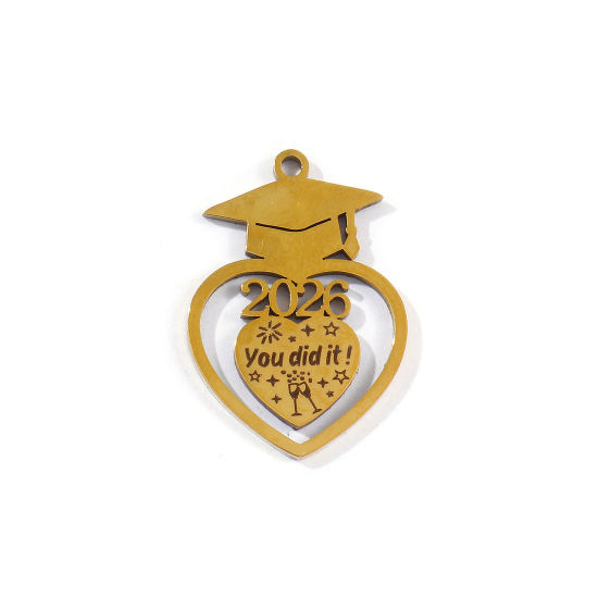 Bild von 5 Stück Umweltfreundliche PVD-Vakuumbeschichtung 304 Edelstahl College Schmuck Charms 18K Vergoldet Doktorhut Herz Message " You Did It 2026 " 29mm x 20mm