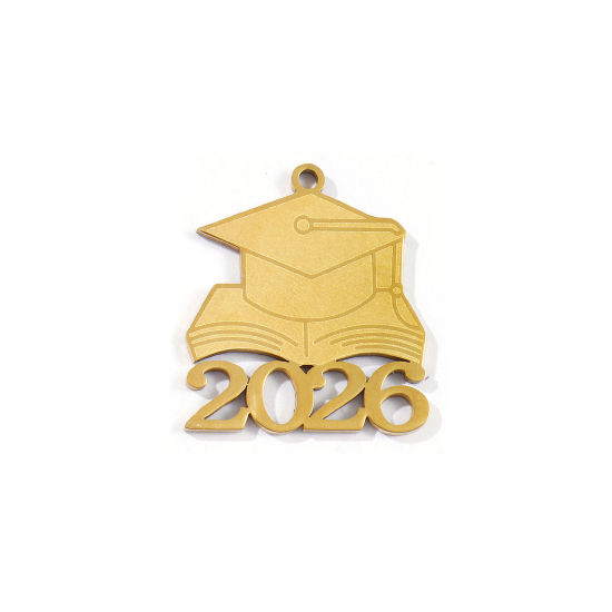 Bild von 5 Stück Umweltfreundliche PVD-Vakuumbeschichtung 304 Edelstahl College Schmuck Charms 18K Vergoldet Doktorhut Message " 2026 " 23mm x 20mm