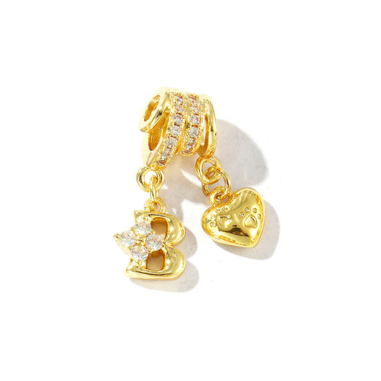 1 個 真鍮 キャピタルレター チャーム 18Kゴールドメッキ ハート 文字「 B 」 クリア ジルコン 23mm、 の画像