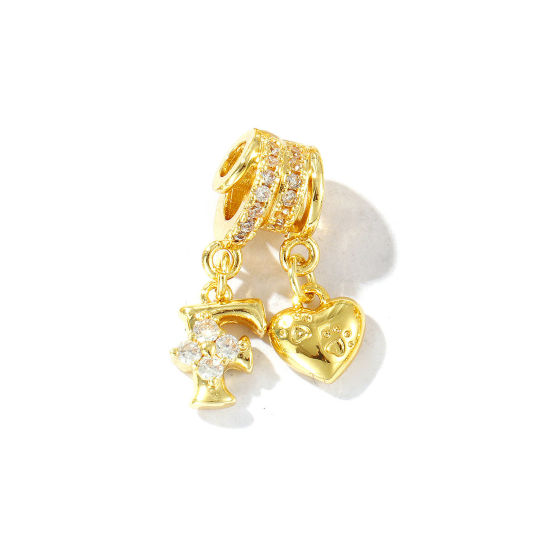 1 個 真鍮 キャピタルレター チャーム 18Kゴールドメッキ ハート 文字「 F 」 クリア ジルコン 24mm、 の画像