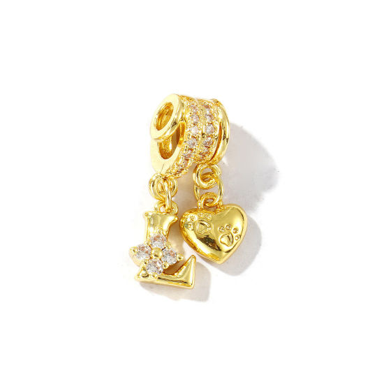 1 個 真鍮 キャピタルレター チャーム 18Kゴールドメッキ ハート 文字「 L 」 クリア ジルコン 23mm、 の画像