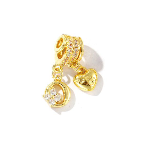 1 個 真鍮 キャピタルレター チャーム 18Kゴールドメッキ ハート 文字「 O 」 クリア ジルコン 23mm、 の画像