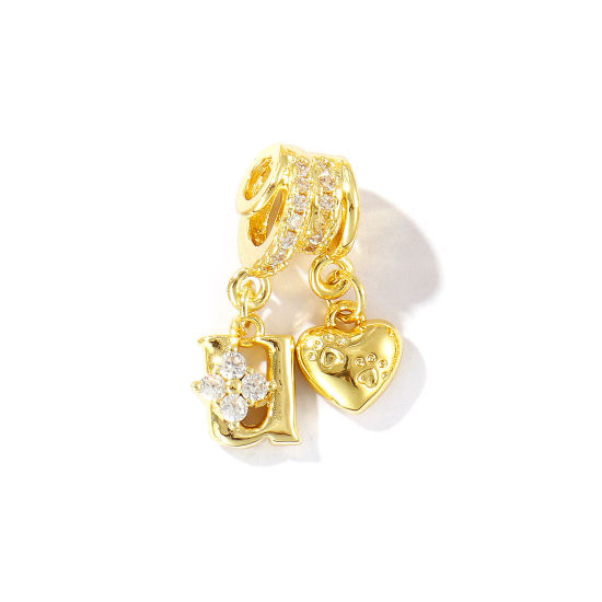 1 個 真鍮 キャピタルレター チャーム 18Kゴールドメッキ ハート 文字「 U 」 クリア ジルコン 23mm、 の画像