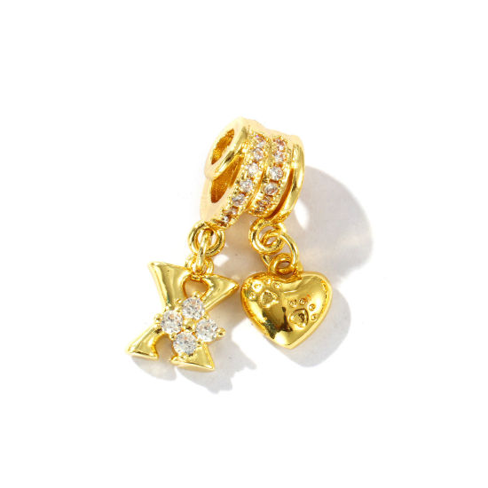 1 個 真鍮 キャピタルレター チャーム 18Kゴールドメッキ ハート 文字「 X 」 クリア ジルコン 23mm、 の画像