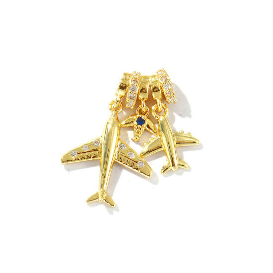 Bild von 1 Stück Messing Reise Charms 18K Vergoldet Flugzeug Klar Kubischer Zirkon 23mm