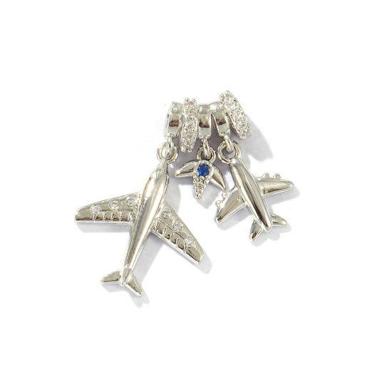 Bild von 1 Stück Messing Reise Charms Platin Plattiert Flugzeug Klar Kubischer Zirkon 23mm