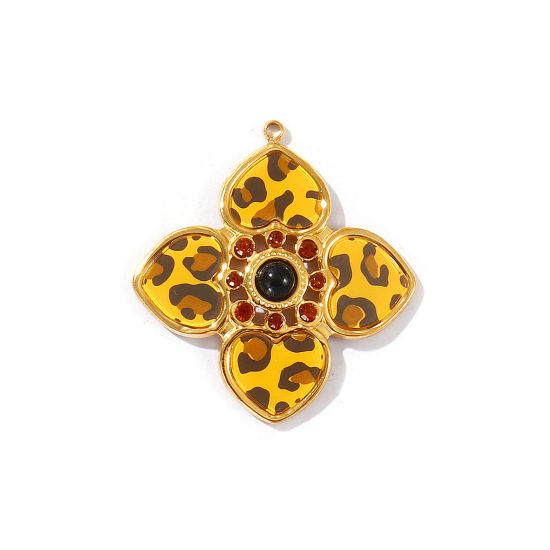 Image de 1 Pièce Pendentifs en 304 Acier Inoxydable & Acrylique Placage Sous Vide PVD Écologique Imperméable Anti-ternissement Hypoallergénique Plaqué Or Véritable 18K Jaune Fleur Léopard à Strass Brun 3.9cm x 3.6cm