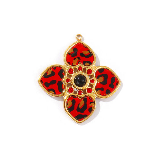 Image de 1 Pièce Pendentifs en 304 Acier Inoxydable & Acrylique Placage Sous Vide PVD Écologique Imperméable Anti-ternissement Hypoallergénique Plaqué Or Véritable 18K Rouge Fleur Léopard à Strass Rouge 3.9cm x 3.6cm
