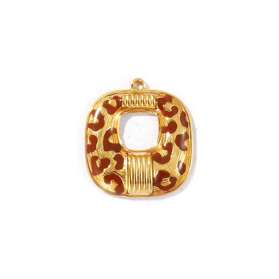 Image de 1 Pièce Breloques en 304 Acier Inoxydable Placage Sous Vide PVD Écologique Imperméable Anti-ternissement Hypoallergénique Plaqué Or Véritable 18K Brun Émail Quadrilatère Léopard 22mm x 21mm