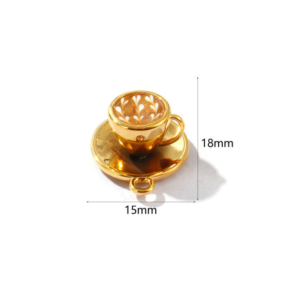 1 個 エコフレンドリー PVD真空メッキ 防水 耐変色性の 低アレルギー性の 304ステンレス鋼 チャーム 18Kリアルゴールドメッキ コーヒー色 エナメル カップ ハート 光沢ある 18mm x 15mm、 の画像