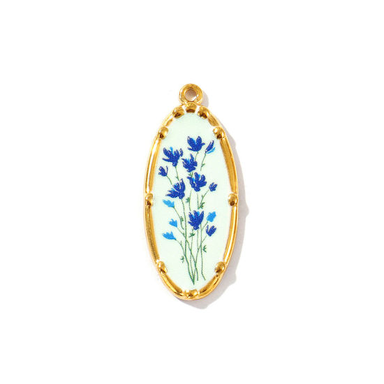 Bild von 2 Stück Umweltfreundliche PVD-Vakuumbeschichtung, wasserdicht, anlaufgeschützt und hypoallergen 304 Edelstahl Anhänger 18K Echtgold plattiert Dunkelblau Oval Blumen Gedruckt 3.4cm x 1.4cm