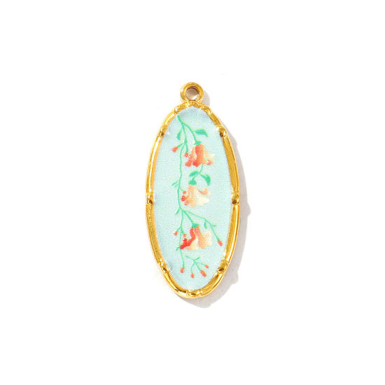 Bild von 2 Stück Umweltfreundliche PVD-Vakuumbeschichtung, wasserdicht, anlaufgeschützt und hypoallergen 304 Edelstahl Anhänger 18K Echtgold plattiert Bunt Oval Blumen Gedruckt 3.4cm x 1.4cm