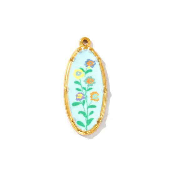 Bild von 2 Stück Umweltfreundliche PVD-Vakuumbeschichtung, wasserdicht, anlaufgeschützt und hypoallergen 304 Edelstahl Anhänger 18K Echtgold plattiert Bunt Oval Blumen Gedruckt 3.4cm x 1.4cm