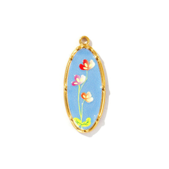 Bild von 2 Stück Umweltfreundliche PVD-Vakuumbeschichtung, wasserdicht, anlaufgeschützt und hypoallergen 304 Edelstahl Anhänger 18K Echtgold plattiert Bunt Oval Blumen Gedruckt 3.4cm x 1.4cm