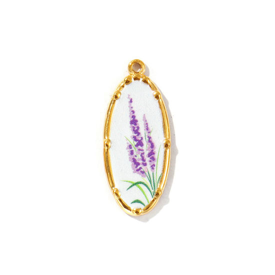 Bild von 2 Stück Umweltfreundliche PVD-Vakuumbeschichtung, wasserdicht, anlaufgeschützt und hypoallergen 304 Edelstahl Anhänger 18K Echtgold plattiert Bunt Oval Blumen Gedruckt 3.4cm x 1.4cm