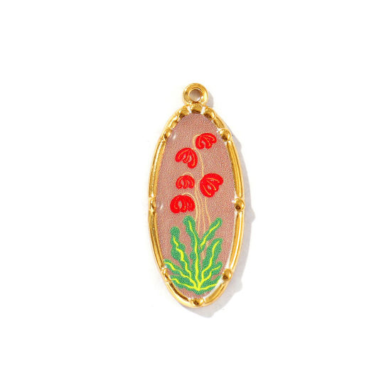 Bild von 2 Stück Umweltfreundliche PVD-Vakuumbeschichtung, wasserdicht, anlaufgeschützt und hypoallergen 304 Edelstahl Anhänger 18K Echtgold plattiert Bunt Oval Blumen Gedruckt 3.4cm x 1.4cm