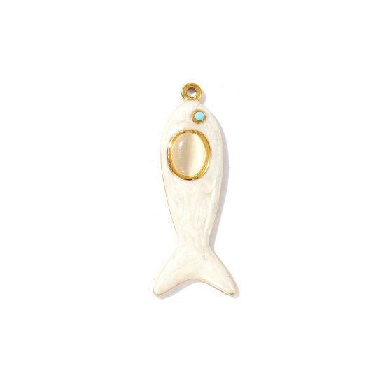 Picture of 2 PCs Eco-friendly PVD Vacuum Plating Waterproof Anti-Tarnish Hypoallergenic 304 Stainless Steel Ocean Jewelry Pendants 18K Real Gold Plated Beige Enamel Fish Animal Cat's Eye Imitation Blue Rhinestone 4.3cm x 1.6cm