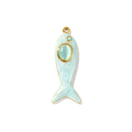 Picture of 2 PCs Eco-friendly PVD Vacuum Plating Waterproof Anti-Tarnish Hypoallergenic 304 Stainless Steel Ocean Jewelry Pendants 18K Real Gold Plated Light Blue Enamel Fish Animal Cat's Eye Imitation Blue Rhinestone 4.3cm x 1.6cm