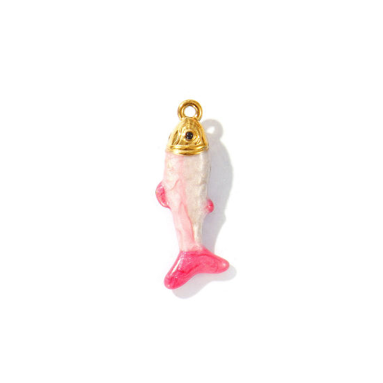 Picture of 2 PCs Eco-friendly PVD Vacuum Plating Waterproof Anti-Tarnish Hypoallergenic 304 Stainless Steel Ocean Jewelry Charms 18K Real Gold Plated Fuchsia Enamel Fish Animal Pearlized 28mm x 11mm