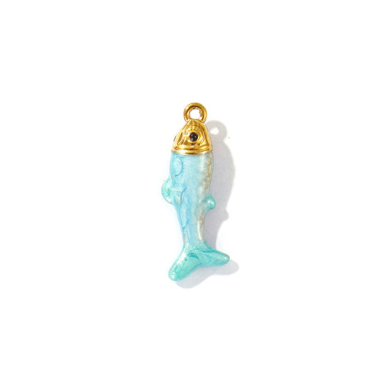 Picture of 2 PCs Eco-friendly PVD Vacuum Plating Waterproof Anti-Tarnish Hypoallergenic 304 Stainless Steel Ocean Jewelry Charms 18K Real Gold Plated Green Blue Enamel Fish Animal Pearlized 28mm x 11mm