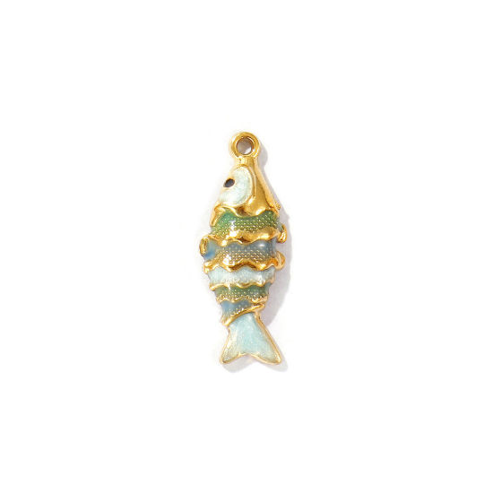 Picture of 2 PCs Eco-friendly PVD Vacuum Plating Waterproof Anti-Tarnish Hypoallergenic 304 Stainless Steel Ocean Jewelry Charms 18K Real Gold Plated Steel Gray Enamel Fish Animal Pearlized 26mm x 10mm
