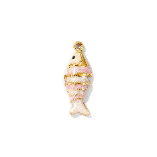 Picture of 2 PCs Eco-friendly PVD Vacuum Plating Waterproof Anti-Tarnish Hypoallergenic 304 Stainless Steel Ocean Jewelry Charms 18K Real Gold Plated Light Pink Enamel Fish Animal Pearlized 26mm x 10mm