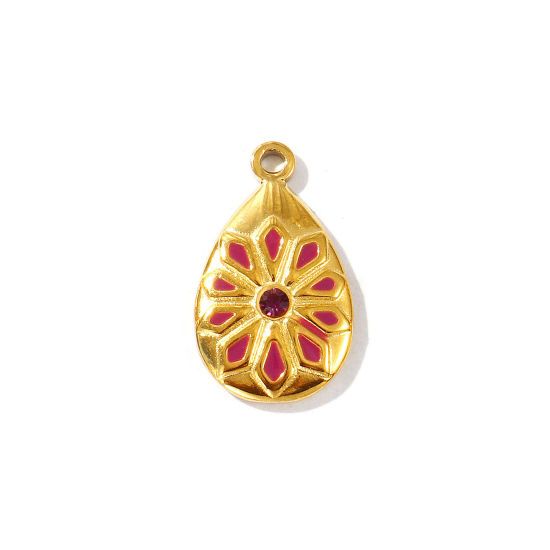 2 個 エコフレンドリー PVD真空メッキ 防水 耐変色性の 低アレルギー性の 304ステンレス鋼 チャーム 18Kリアルゴールドメッキ 紫 エナメル 滴 ドロップ 花 アメジスト ラインストーン 22mm x 13mm、 の画像