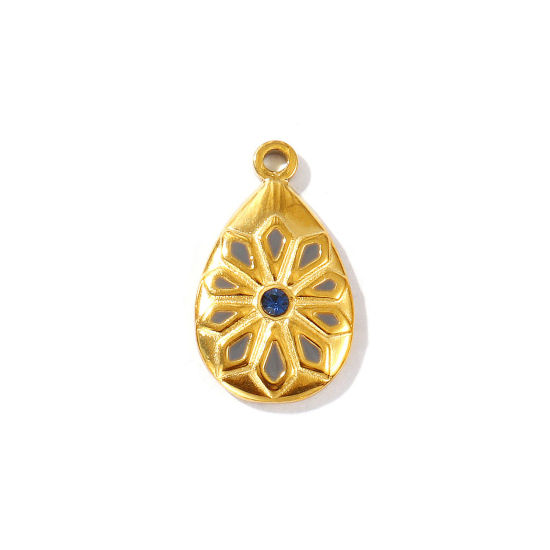 2 個 エコフレンドリー PVD真空メッキ 防水 耐変色性の 低アレルギー性の 304ステンレス鋼 チャーム 18Kリアルゴールドメッキ グレー エナメル 滴 ドロップ 花 ミッドナイトブルー ラインストーン 22mm x 13mm、 の画像