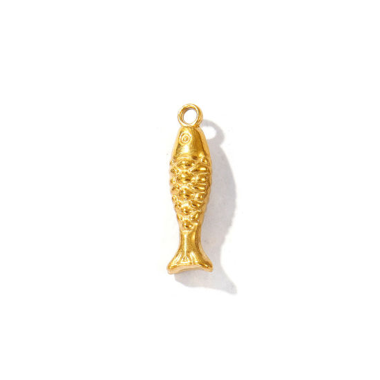 Immagine di 5 Pz Placcatura Sottovuoto PVD Ecologica 304 Acciaio Inossidabile Gioielli Oceanici Ciondoli Placcato Oro 18K Pesce 3D 20mm x 6mm