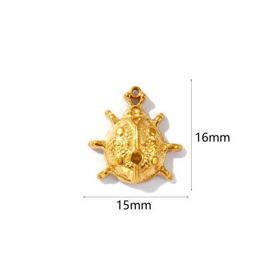 Bild von 5 Stück Umweltfreundliche PVD-Vakuumbeschichtung 304 Edelstahl Insekt Charms 18K Vergoldet Marienkäfer 16mm x 15mm