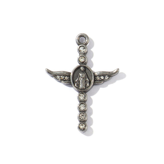 Picture of 1 Piece Eco-friendly 304 Stainless Steel Religious Pendants Antique Silver Color Cross Wing Micro Pave Clear Rhinestone 3.4cm x 2.5cm